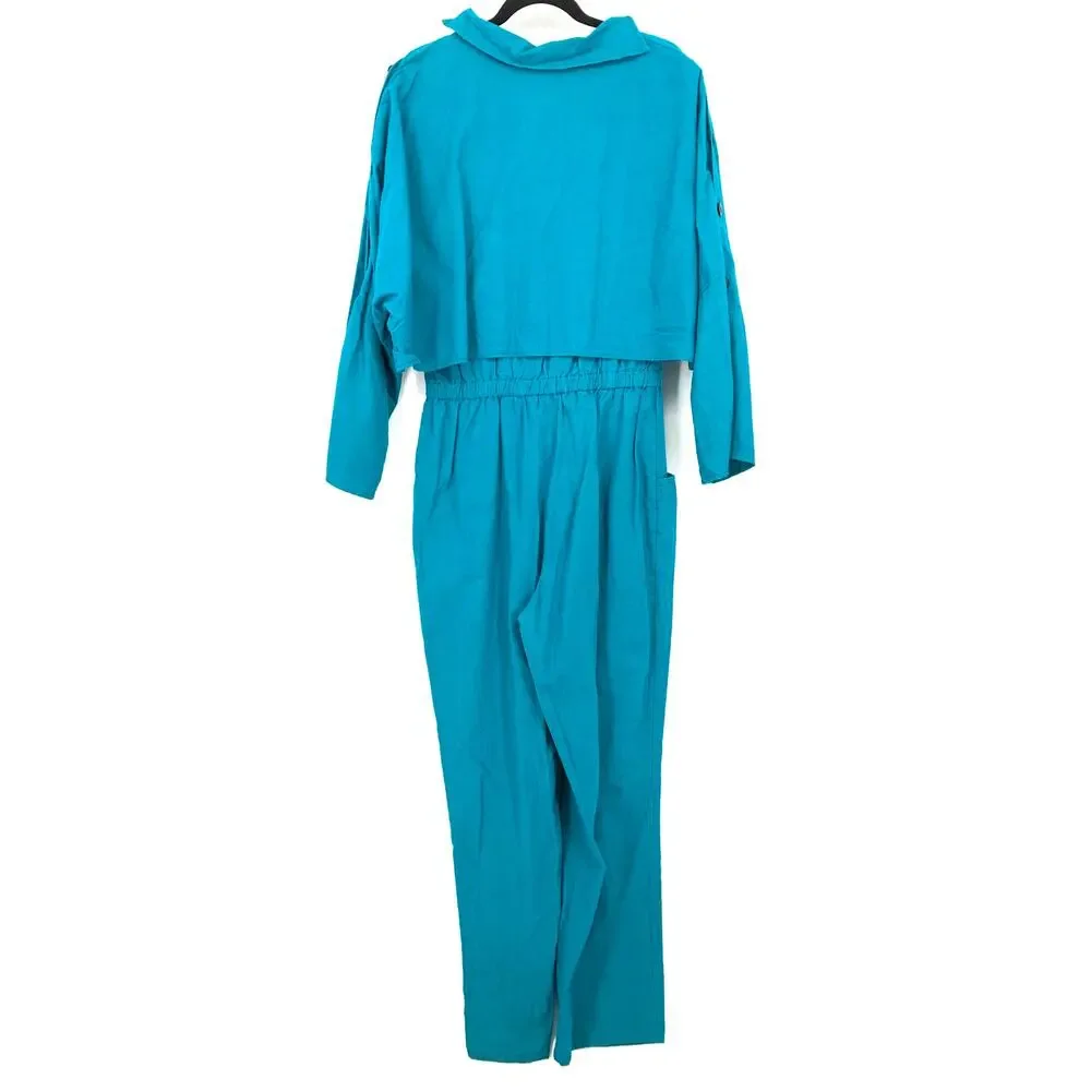 Vintage 80s Malouf Jumpsuit Womens Sz Medium Blue Button Detail Sleeves Cotton - Picture 3 of 10